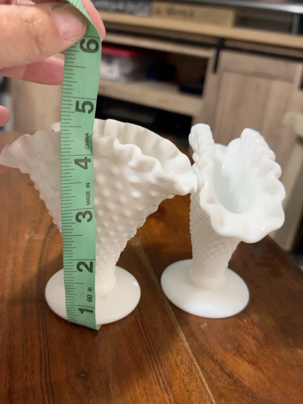 Vintage Fenton Milk Glass Hobnail Fan Vases Ruffled Pair